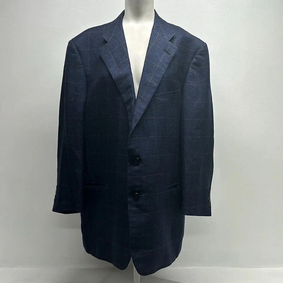 Ermenegildo Zegna Blazer Sports Coat Jacket Button Down Wool Silk Plaid Blue 46R